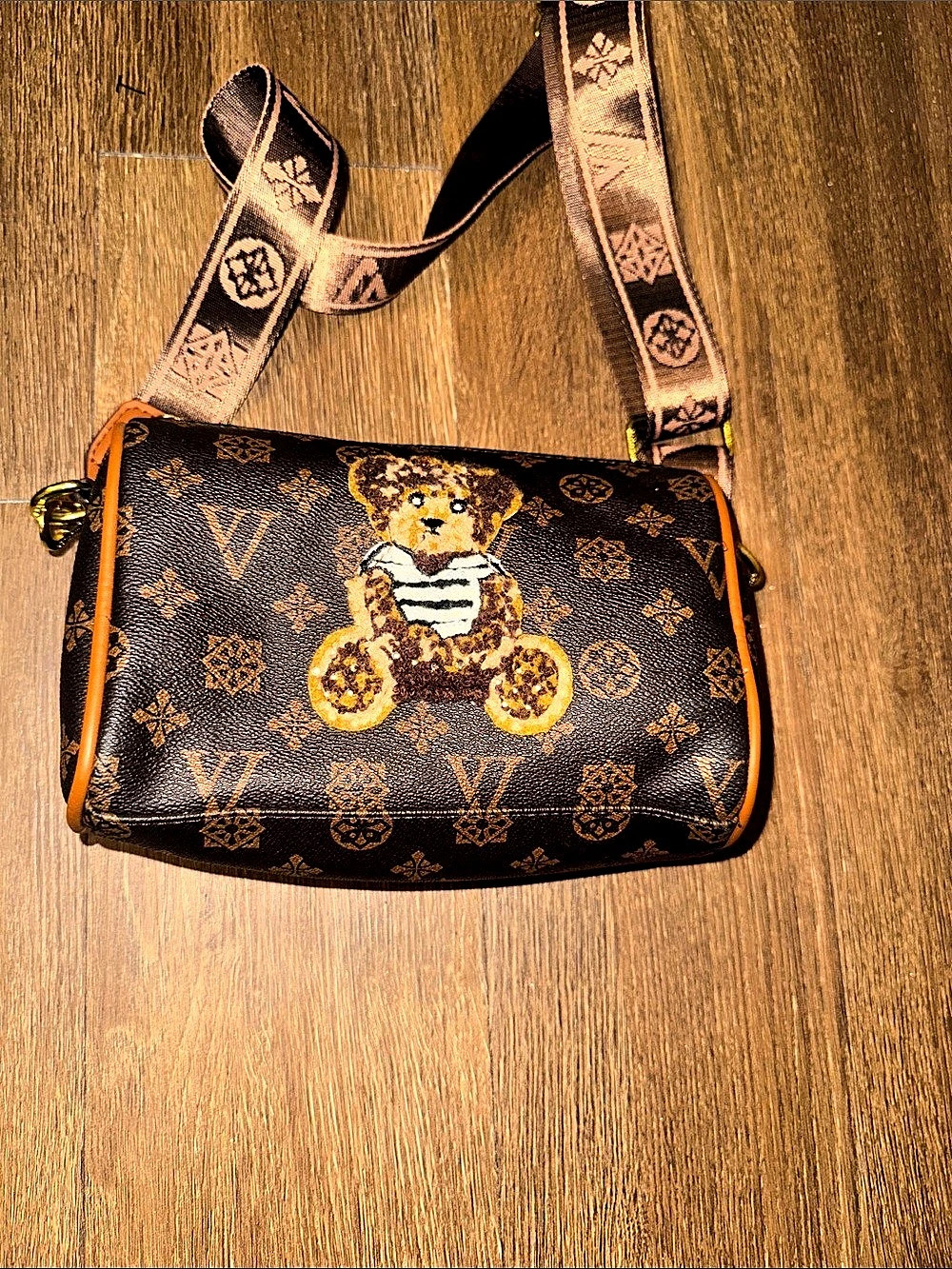 Teddy Bear Monogram Crossbody Bag – Brown & Black – Adjustable Strap